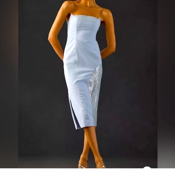 Anthropologie Strapless Slim Midi Dress Sz 6 French Blue Sequin Party Cocktail - Picture 1 of 9